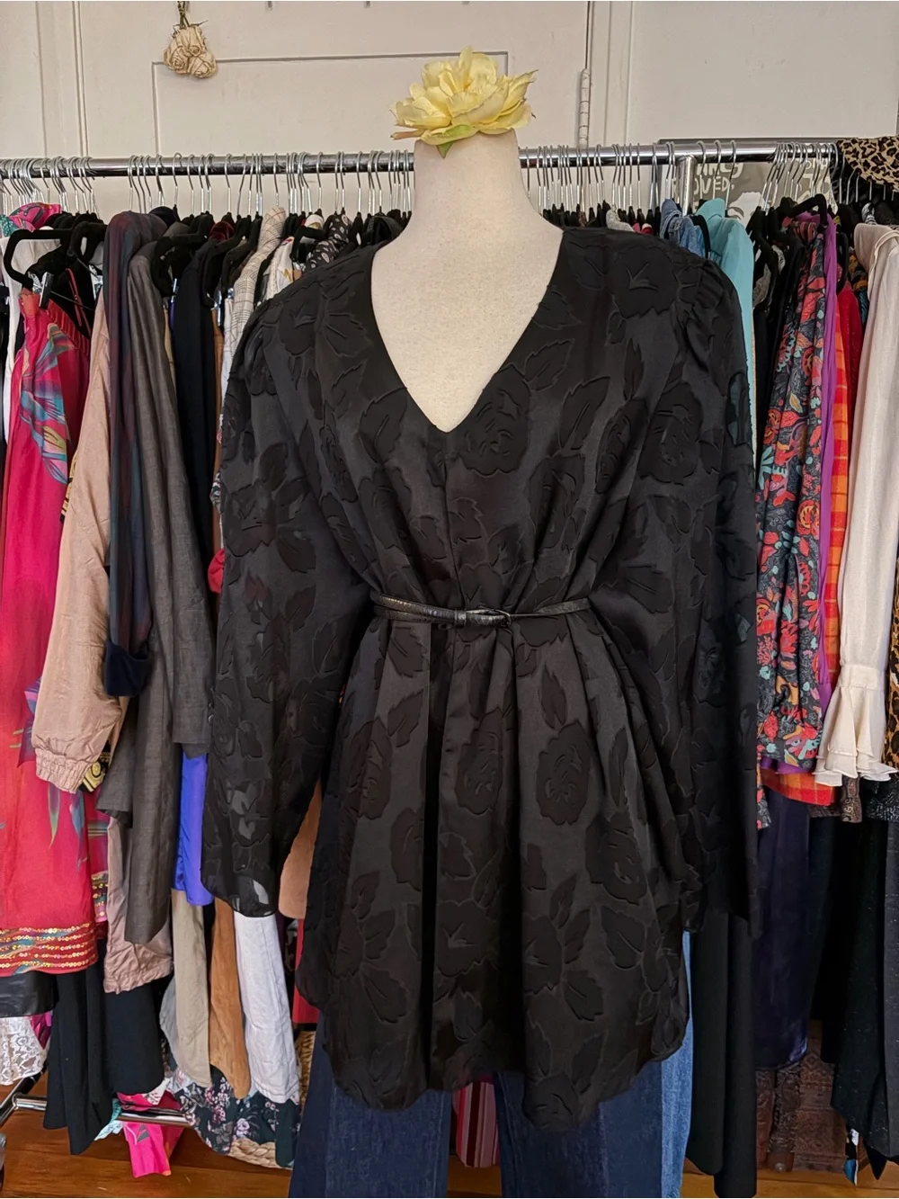Vintage 90s Patra Stenay Black Tonal Rose Jacquard Blouse